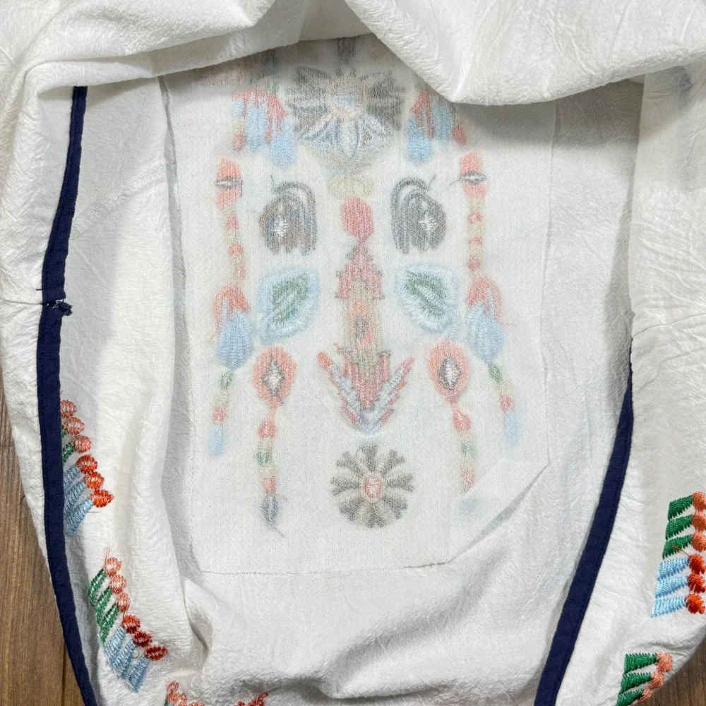 White Cotton Linen Embroidered Boho Short Sleeve Top Sz M lightweight Oversized - Picture 6 of 10
